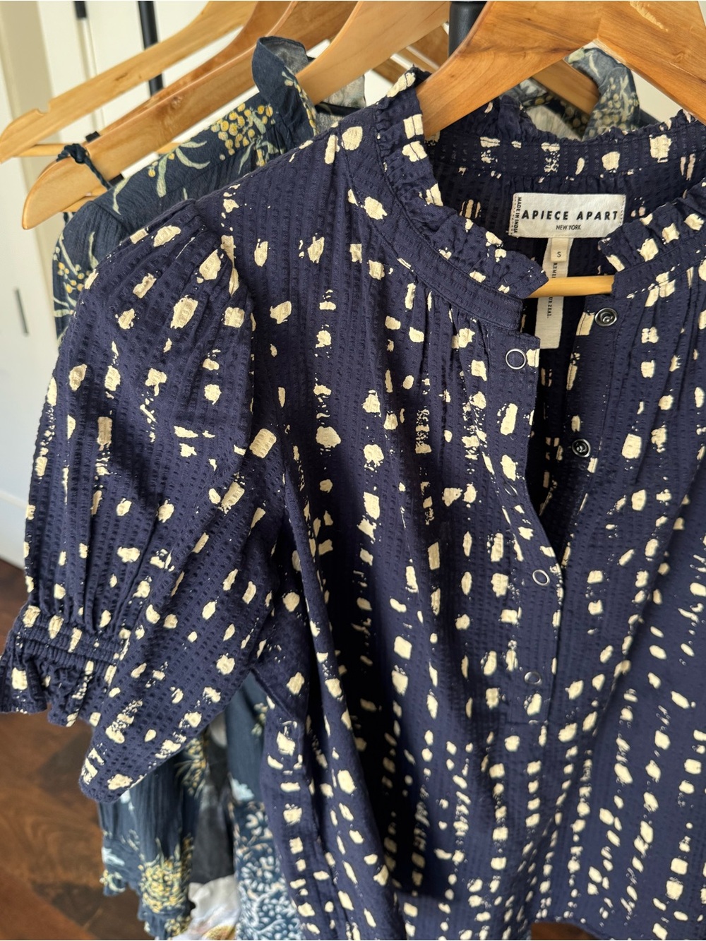 Apiece Apart Navy and Cream Printed Puff-Sleeve Cotton Blouse Top Size S
